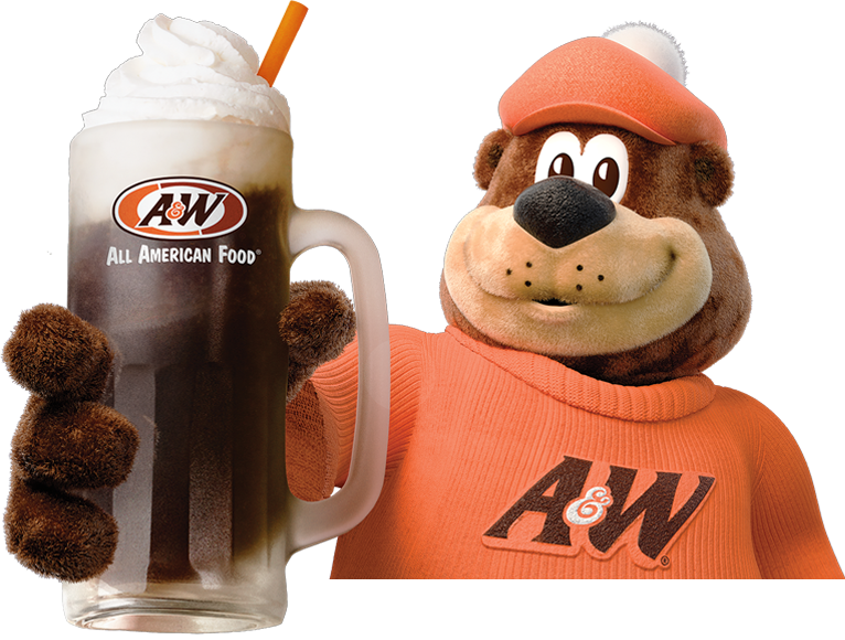 Rooty holding a root beer float